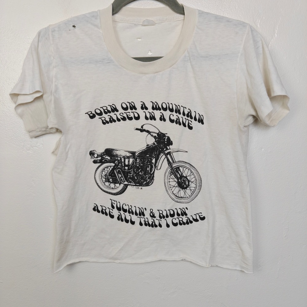 Vintage 70s Women Tee Small White Motorcycle Graphic Raw Hem Biker Rocker